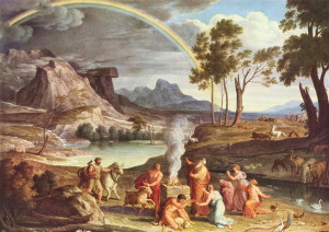 Ной с детьми приносит жертву после потопа