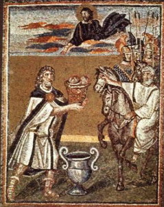 Мелхиседек благословляет Авраама хлебом и вином. Мозаика церкви Санта-Мария Маджоре в Риме, 5 век