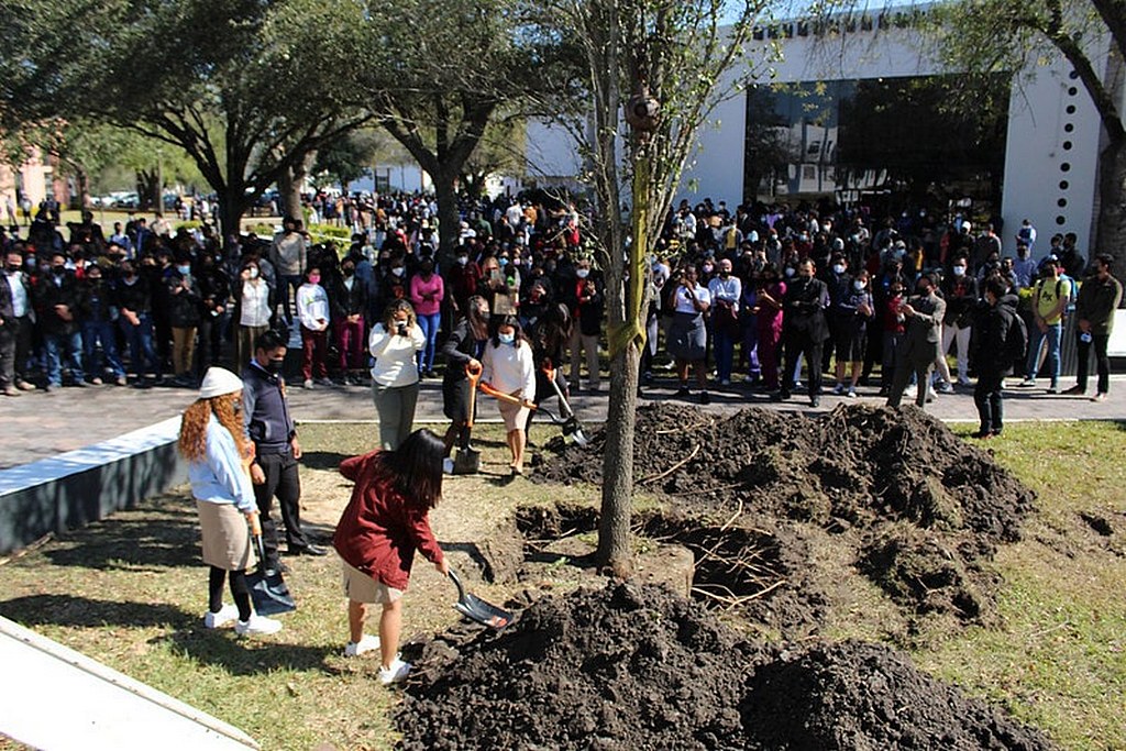 Лидеры студенческого самоуправления помогают посадить большое дерево на территории кампуса в рамках церемонии официального открытия университета в январе 2022 года. [Фото: Университет Монтеморелос]
